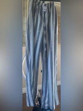 BKE Blue & White Vertical Stripe Wide-Leg Casual Pants